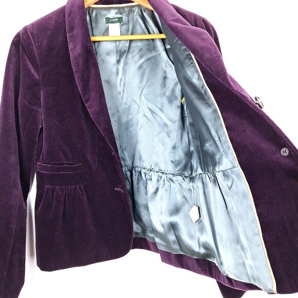 J Crew Velvet Ruched Peplum Back Button Front Blazer, Size 8. Eden Purple Jacket - Picture 11 of 13